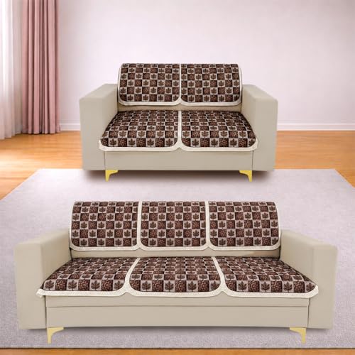 Image of Homerz Premium 'Maharaja Paradise Series' Sofa Cover | Net Fabric Sofa Cover | Washable, Anti-Dust Backed & Wrinkle Resistant Cover (Leafy Checks, 5 (3+2) Seater, Seat Cover with Backrest)