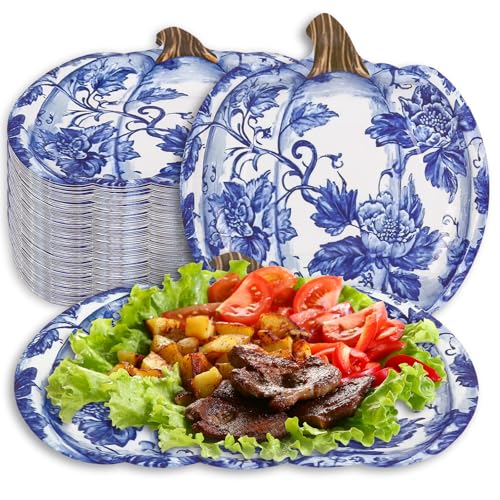 JarThenaAMCS 40Pcs Fall Blue Pumpkin Paper Plates Chinoiserie Pumpkin Disposable Plate Blue White Floral Dinner Plate for Autumn Harvest Thanksgiving Party Supplies