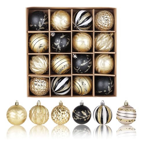 Boules de Noël en plastique 16 pièces : 6 cm Boules de Noël en plastique Petites boules de Noël avec cordon pour décorations de Noël (noir et doré)