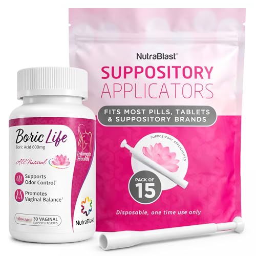 NutraBlast Boric Acid Suppositories 600mg Bundle with Applicator, 30 Suppositories & 15 Applicators - Feminine Care - Made in USA