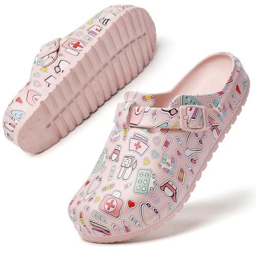Image of Eliogn Women's Garden Clogs with Print, Waterproof Slip Resistant Work Clogs, Lightweight EVA Slip-On Mules, Cushioned Comfortable Shoes for Nurse, Chef, Kitchen, Beach