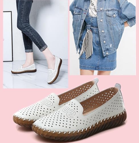 Image of Women's Handmade Leather Casual Beef Tendon Soft Sole Loafers Comfortable Round Toe Breathable Oxford Arch Support Walking Shoes