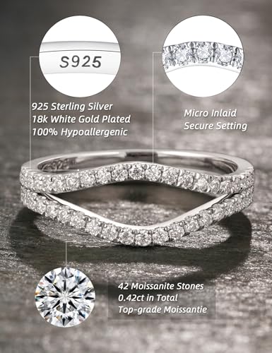 YODEWA Curved Moissanite Wedding Bands for Women, Thin Ring Enhancers and Wraps, Stackable Half Eternity Band, Fake Diamond Sterling Silver Ring 1.3mm2