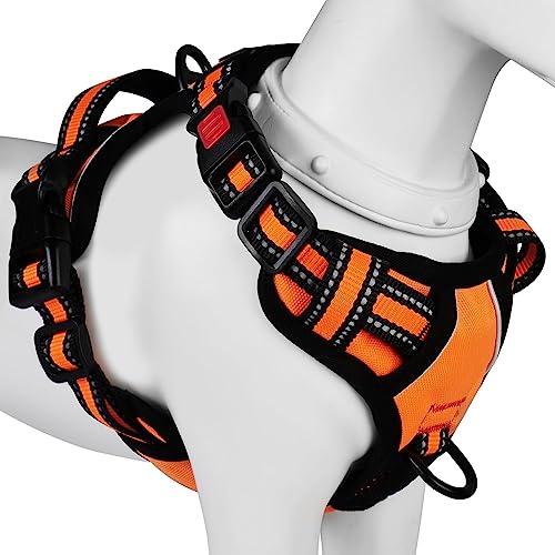 Hundegeschirr für kleine, mittelgroße und große Hunde, kein Ziehen, verstellbar, reflektierend, kein Würgen, einfach an- und auszuziehen, mit 2 Leinenclips (Orange, L)