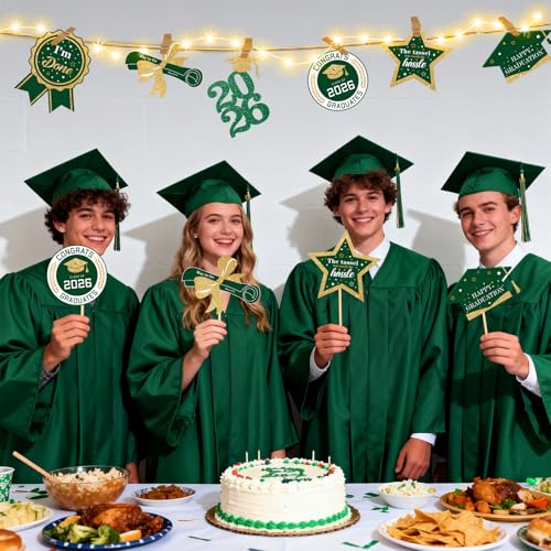 Image of kockuu Glitter Green Gold Graduation Decorations for Class of 2026-60pcs Green Gold Double Sided Graduation Table Centerpieces Sticks with LED String Lights for College High School Grad Party Decor