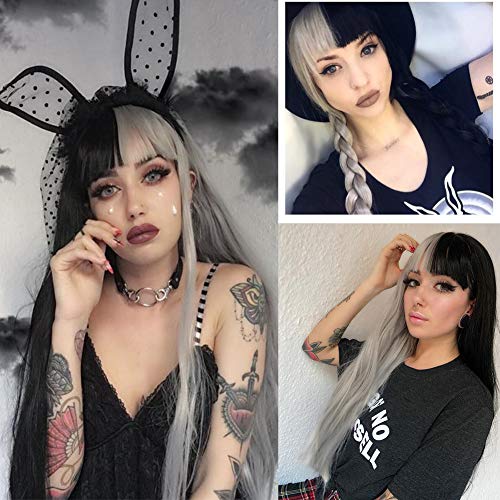 Kaneles Half Grey Half Black Wig For Women Long Straight Hair With Bangs Soft Natural Wigs For Cosplay Party Halloween #TOP1