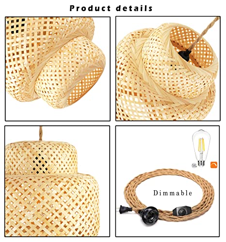 Plug In Pendant Light Rattan Hanging Lights With Plug In Cord Bamboo Hanging Lamp Dimmable,Handmade Woven Boho Wicker Basket Lamp Shade,Plug In Ceiling Light Fixture For Living Room Bedroom Kitchen #TOP3