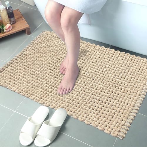 Image of SANMARINO Non Slip Chenille Bath Mat, Extra Soft Bathroom Mat, Super Absorbent Fluffy Bath Mats for Bathroom, Machine-Washable Quick Dry Bath Rug Foot Mat, 16 inchx24 inch, Beige