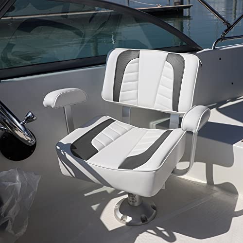 NESHULT Deluxe Pontoon Captains Bucket Seat Captain Boat Seat with Arm Rest and White Piping,White/Charcoal