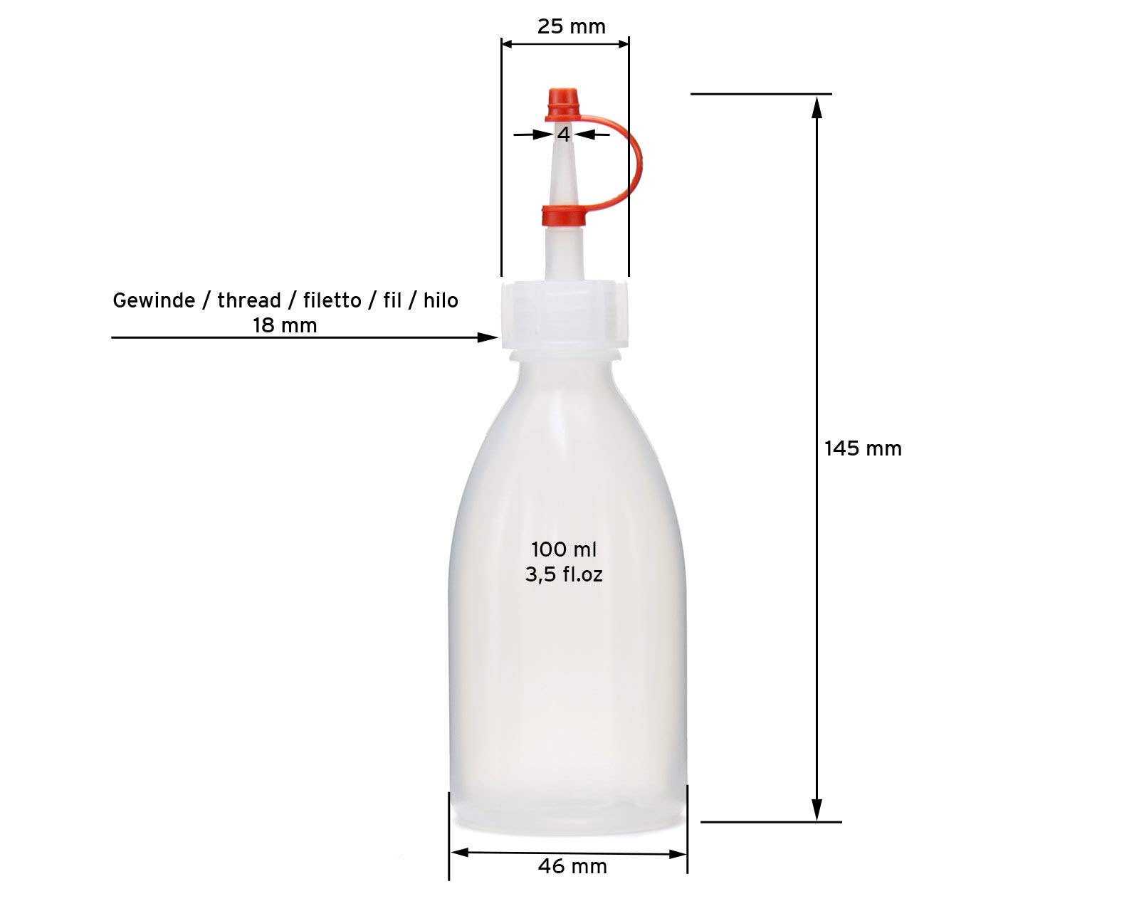Octopus 250x Botellas de plástico de 100 ml de LDPE, natural, G18, tapón de goteo, correa de retención roja y tapón
