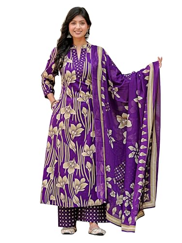 Image of Yash Gallery Women's Pure Cotton Purple A-Line Botanical Print Kurta Plazo Dupatta Set | Ethnic Indian Wear Kurti Set for Festive, Casual & Office Wear | Soft Comfortable Fabric