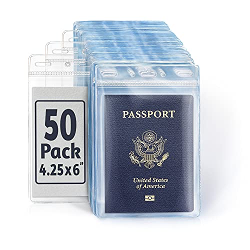 EcoEarth Passport & Vaccine Card Holders (Clear, 4x6 Inch, 50 Pack), Extra Large Vertical ID Holder, Zipperless Plastic Name Badge Holders