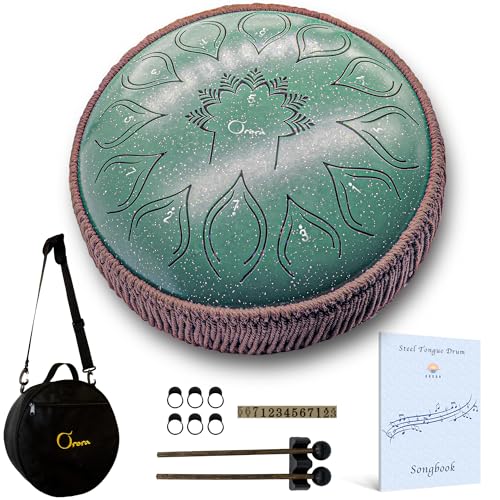 ORORA Handpan Steel Tongue Drum (12 pulgadas 13 notas) – Instrumento musical infantil y adulto – Tambor zen y meditación – Ebook de 20 partituras – Regalo original de relajación