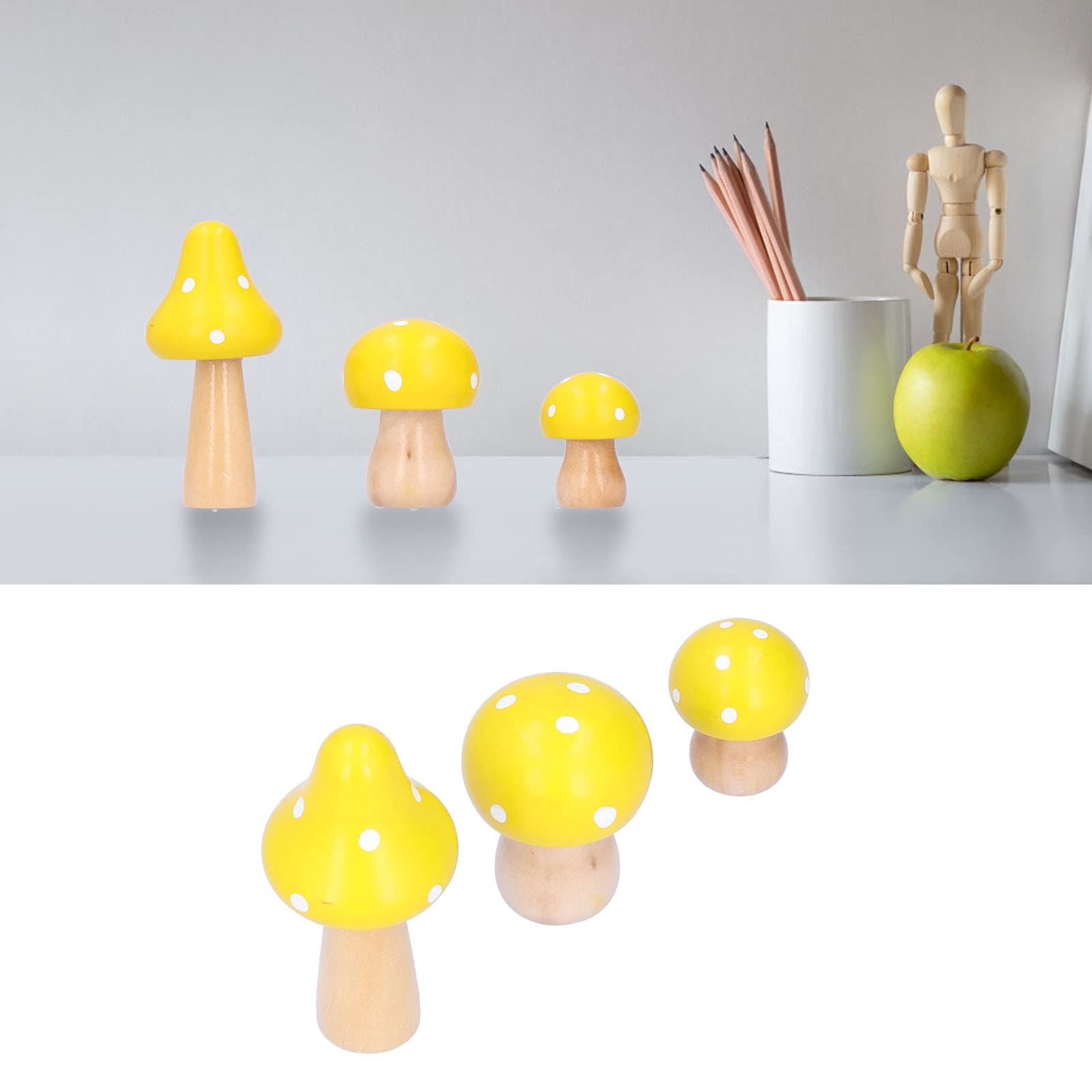 Zerodis Yellow Mushroom Craft 3 Pcs Wooden Mushroom Ornaments For Home Indoor Outdoor Home Office Desktop Decor(Yellow)