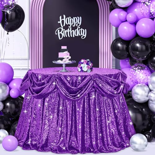 Image of B-COOL Sequin Tablecloth Round Party Decorations: Purple Table Cloth Overlay 90 Inch Sparkle Fabric for Birthday Beach Parties Halloween