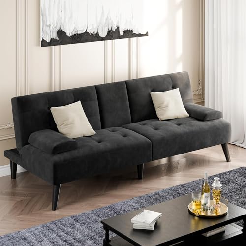 Image of Futon Sofa Bed,Velvet Foldable Couch,Reclining Sleeper with Removable Armrests,Upholstered Loveseat Sofa Couch with Folding Cup Holders for Home,Black