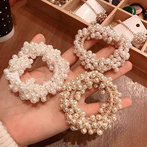 Prosy Pearl Hair Ties Champagne Elastic Hair Scrunchies Stretchy Hair Bands Bead Hair Ropes Hair Accessories for Women and Girls (Pack of 3) - Image 3