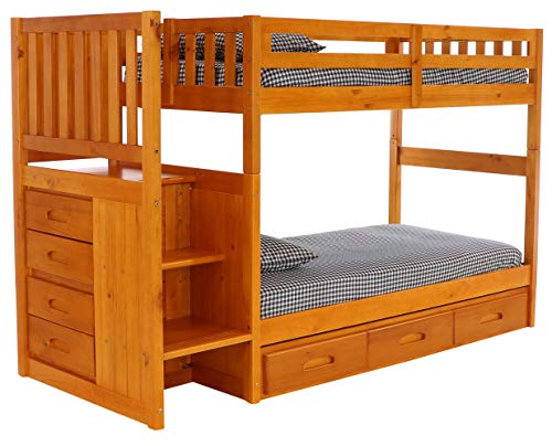 Discovery World Furniture Mission Twin Over Twin Staircase Bunk Bed With 3 Drawer Storage, Honey #TOP3