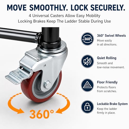 Image of 6 Step Rolling Ladder with Handrails, 880 lbs Capacity Heavy Duty Steel Mobile Warehouse Ladder with Locking Wheels, Non-Slip Rolling Stairs with Large Platform for Garage, Stockroom, Library