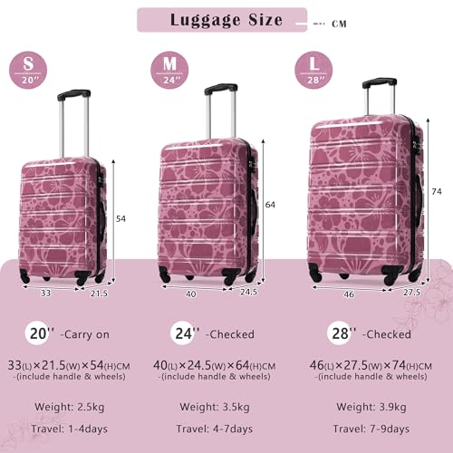 3-Piece Hardshell Spinner Luggage Set with TSA Lock - Lightweight & Durable PC Suitcases (20"+24"+28") | Summer-Inspired Print, Scratch-Resistant, Secure Zippers & Telescoping Handle (Pink Purple)3