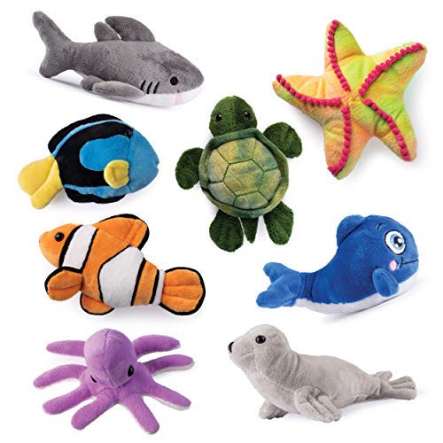 Plush Sea Creatures Soft Plush Stuffed Sea Animals Playset Plush Sea Life Assortment, Set of 8, Talking Blue Whale Included - Sea Turtle, Shark, Sea Lion, Octopus, Stripe Fish, Starfish, Clown Fish