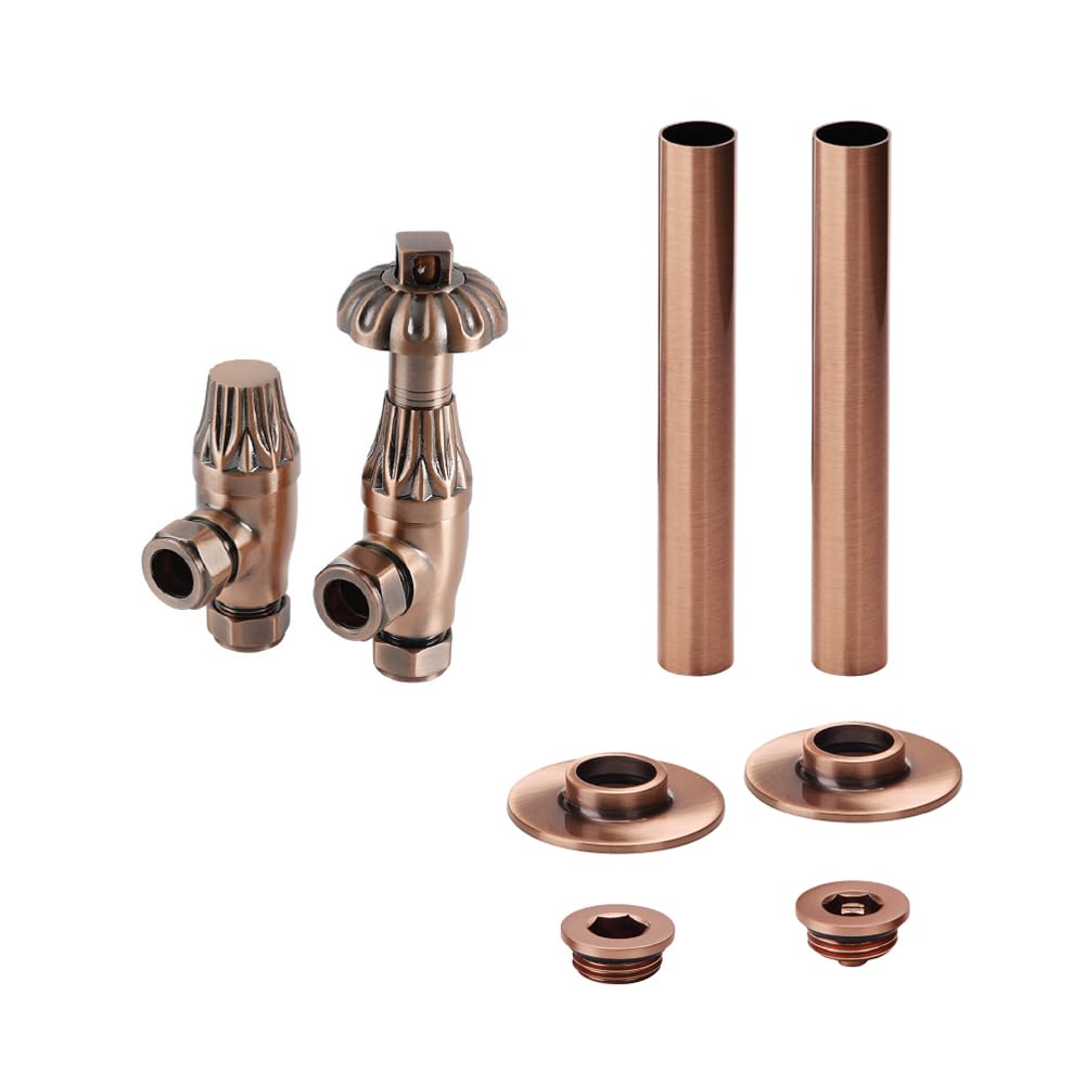 Milano Copper Angled Heated Towel Rail Radiator Thermostatic Lockshield Valve Pipe Sleeve Kit