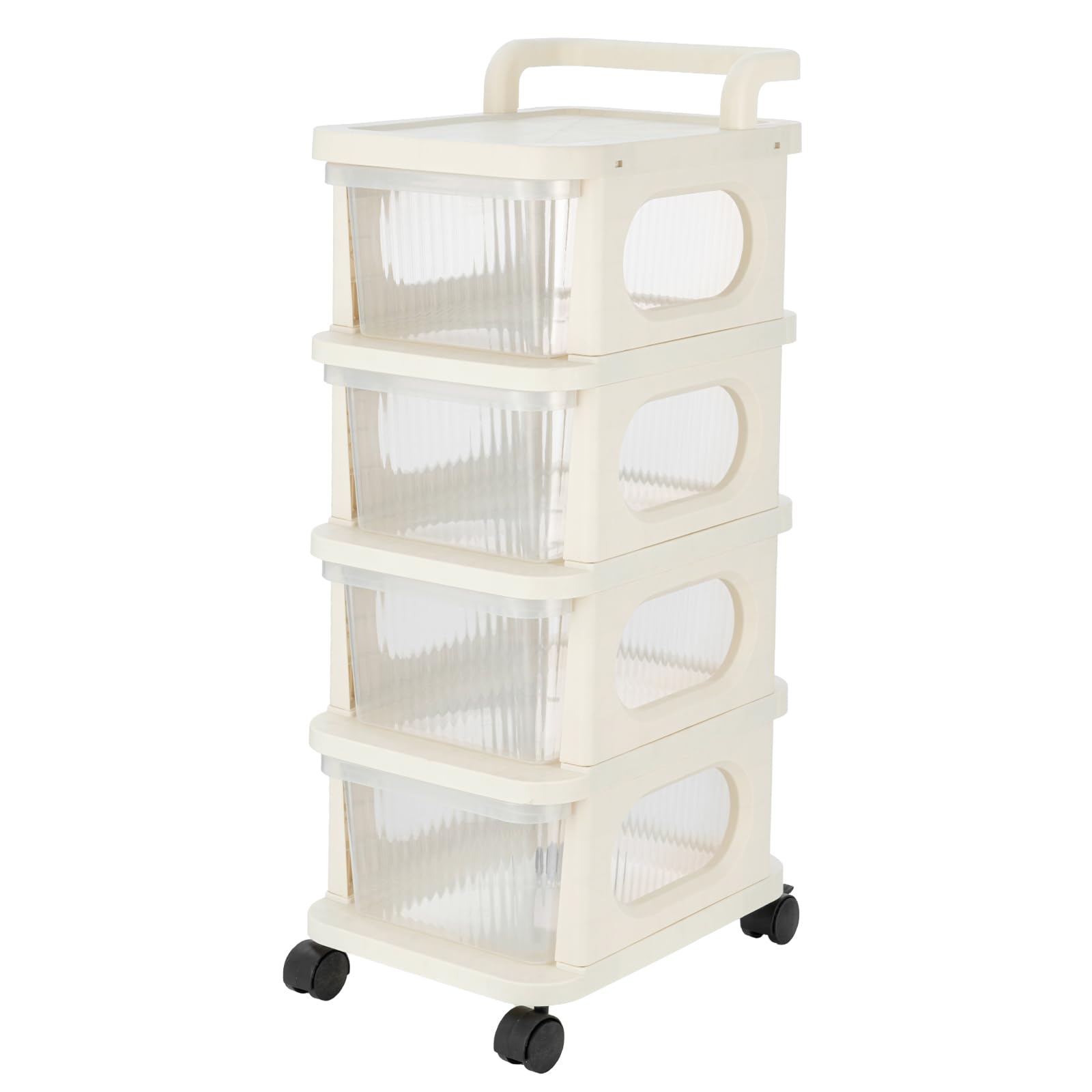 GREENSAPPIRE 4 Tier Plastic Storage Drawer Organiser on Wheels, Mobile Storage Rack with Lockable Casters, Rolling Storage Box Shelf Bedside Table for Clothes Shoes Toys Snacks, Living Room