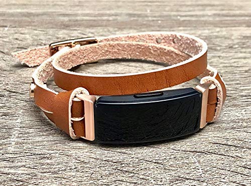 Light Brown Leather Rose Gold Jewelry Band For Fitbit Inspire HR Tracker Handmade Double Tour Wrap Slim Genuine Strap Women Fashion Inspire Bracelet Adjustable Size Wristband