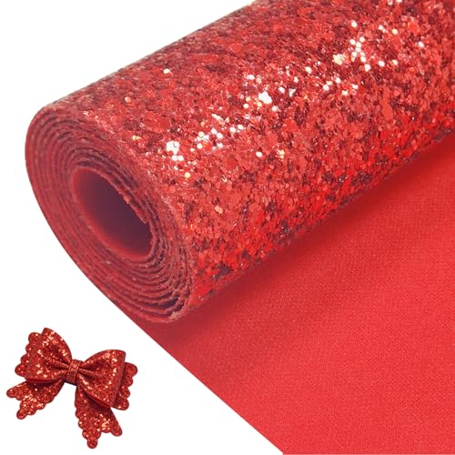 Image of Sparkly Red Chunky Glitter Fabric Roll 12 x 52 inch Shiny Solid Color Christmas Faux Leather for Cricut Bows Earrings Key Chains (17032#5)