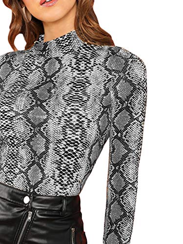 Floerns Women's Long Sleeve Mock Neck Slim Snakeskin T Shirt Tops Grey M