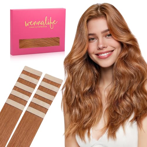 WENNALIFE Tape in Hair Extensions Human Hair Cinnamon Terra Copper Tape in Extensions, 10pcs 25g 14 inch Remy Invisible Tape Ins Straight Colored Soft Real Human Hair Tape in Extensions Refill Set Ext