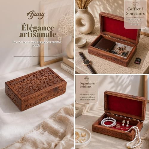 Ajuny Boîte à Bijoux en Bois Sculpté 25x15 cm – Coffret Décoratif Motif Floral, Coffre de Rangement pour Colliers, Montres, Souvenirs, Boîte Cadeau Artisanale Élégante pour Chambre ou Salon – vue 2