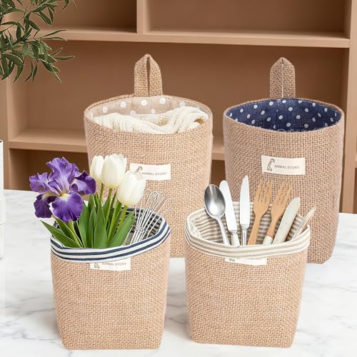Miniatura 5 de 4 Cestas De Almacenamiento Pequeñas, Cesta De Almacenamiento De Algodón Y Lino, Pequeña Cesta De Mimbre, Plegable, Con Gancho, Para Cosméticos, Llaves, Objetos Pequeños
