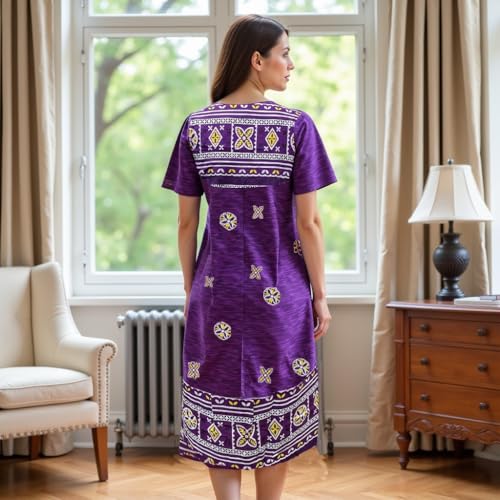 Loungees Border Print Cotton Lounge Dress/House Dress/Caftan | 3 Button Bib Yoke Short Sleeve4