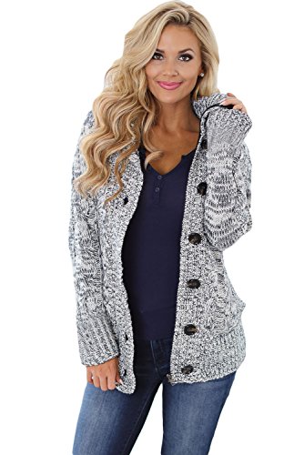 Women Hooded Knit Cardigans Button Cable Sweater Coat Grey M