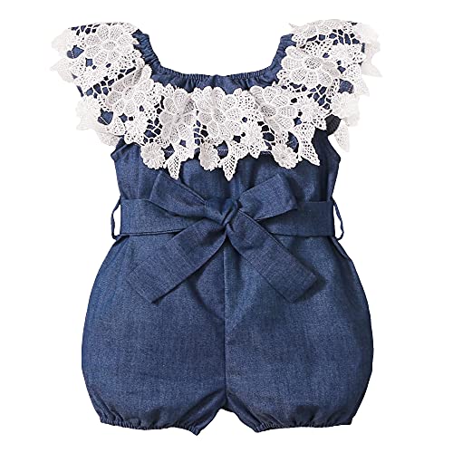 XUANHAO Rompers For Girls Cute Girl Clothes One Piece Ruffle Sleeveless Toddler Denim Summer Outfit Lace Romper Baby Girl 12-18 Months