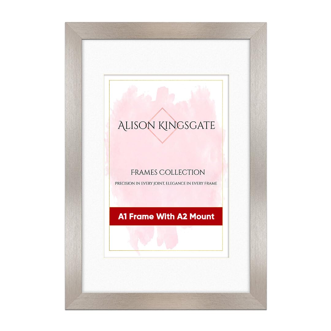 Alison Kingsgate A1 Aluminium Picture Frame with Mount for A2 Photo - Engineered Wood Photo Frame with Precision Cut Cardboard Mount - Ideal for Posters - Sizes & Colours Available