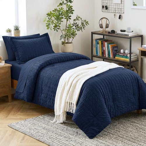 Image of CozyLux Twin Comforter Set with Sheets 5 Pieces, Navy Blue Seersucker Luxury Textured Bed in a Bag, All-Season Bedding Sets with Down Alternative Comforter, Sheets, Pillowcase & Sham, Bedroom Bed Set