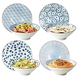 YALONG Ramen Bowls Set of 4, 8 Inch 38oz Porcelain Noodle Bowls for Pho, Ramen & Soup, Large Ceramic Ramen Bowl Set Microwave & Dishwasher Safe, Japanese Blue and White Style