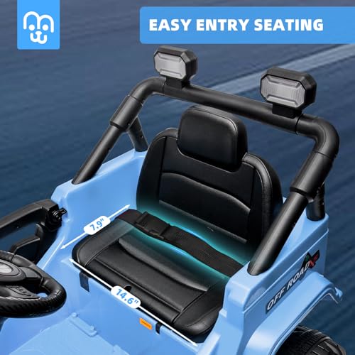 MINIATURE MOTORS 12V Kids Electric Ride on Truck Car Remote Control, Twin 35W Motors 3.5MPH Max Speed, Bluetooth Music Player, 4 Wheels Suspension LED Lights Safety Belt, Gift for Boys & Girls-Blue