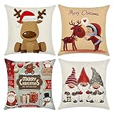 4 fundas de almohada de Navidad de algodón y lino decorativo para cojín de reno, Papá Noel, bonito niño feliz Navidad, funda de almohada para decoraciones de Navidad, 40 x 40 cm