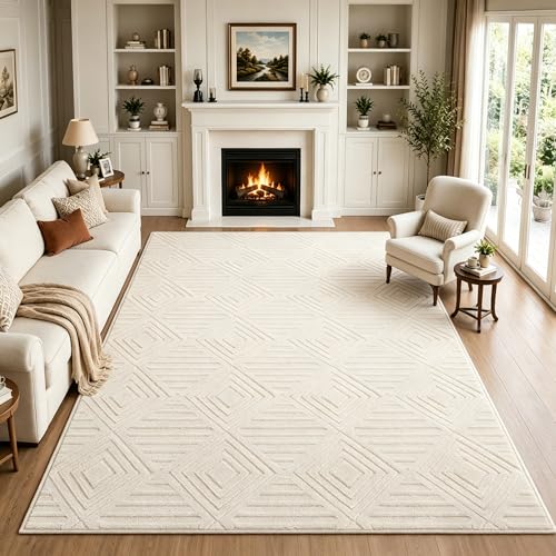 Capslapd Washable Rugs Living Room 160x230cm Non-Slip Large Fluffy Geometric Rug High Low Effect Modern Design Carpet High Pile Bedside Area Rug for Bedroom Dining Room Office Lounge Decor Cream
