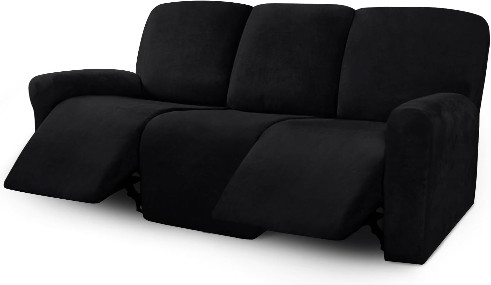 Ultimate Decor 8-Pieces Recliner Sofa Covers Velvet Stretch Reclining Couch Covers for 3 Cushion Reclining Sofa Slipcovers Furniture Covers Thick Soft Washable (Black)
