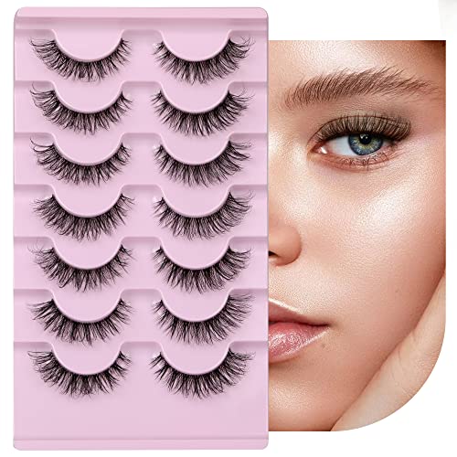 Pawotence Eyelashes Clear Band Lashes Natural Look 15mm Faux Mink Lashes Wispy Cat Eye Updated Soft False Eyelashes 7 Pairs Pack