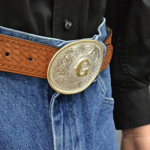 Image of Montana Silversmiths Initial Engraved Gold Trim Western Belt Buckle