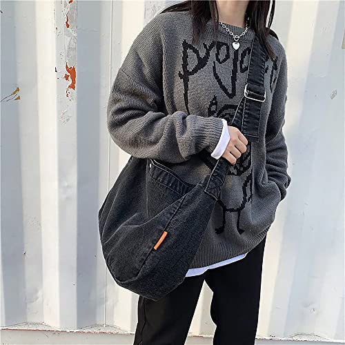 Women Retro Denim Canvas Tote Bag Large Capacity Shoulder Handbag Lightweight Crossbody Bag with Wide Strap3