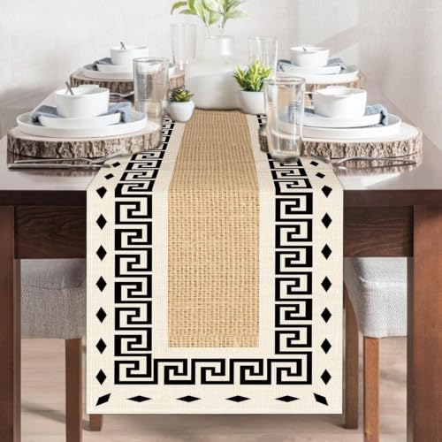 Croar Greek Key Geometric Dining Table Runner, Vintage Minimalist Abstract