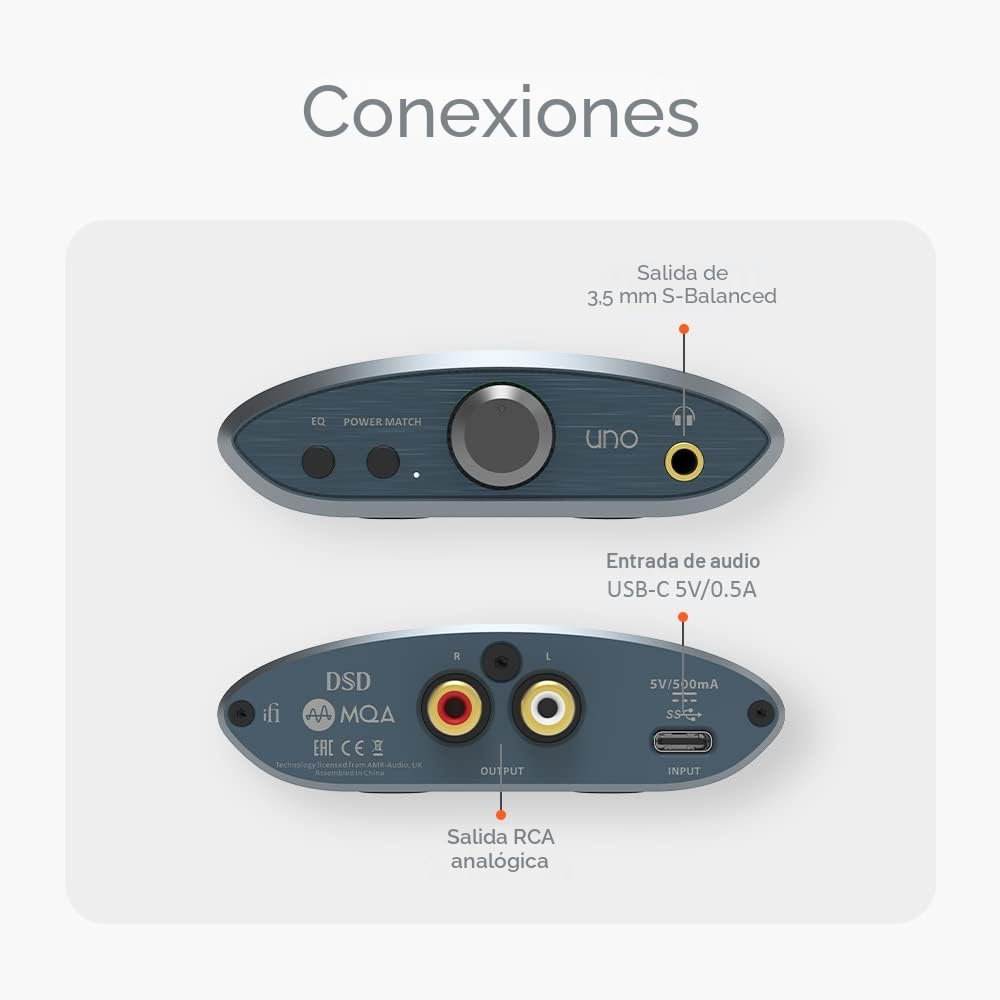 iFi uno - DAC y amplificador de auriculares - Entrada USB-C - Mejora el audio mediocre - Modo Streaming/Juegos/Música- 32 bits/384 kHz/DSD256/MQA- Windows/MAC/Dispositivo Inteligente/Altavoces Activos