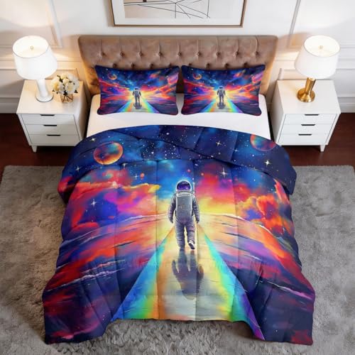 Rêverie Nubes Coloridas Espacio Astronauta Edredón de 4 estaciones sin funda 140 x 200 cm – Edredón reversible de arte fantástico lavable a máquina suave, juego de cama con 1 fundas de almohada