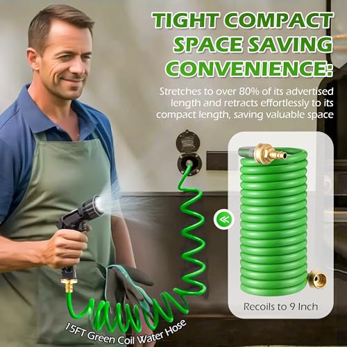 Image of RV Exterior Shower Hose, 15FT Green Coil Water Hose with 1 /2 inch Quick Connect Adapter, Recoils to 9 inch, Weather Resistant Recoil Garden Camper Tube for RV Outdoor Shower, Garden Use, 3 /4 inch Fitting